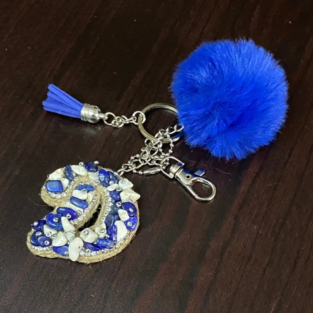 Leather D Vibrant blue Pom pom Keychain Purse charm